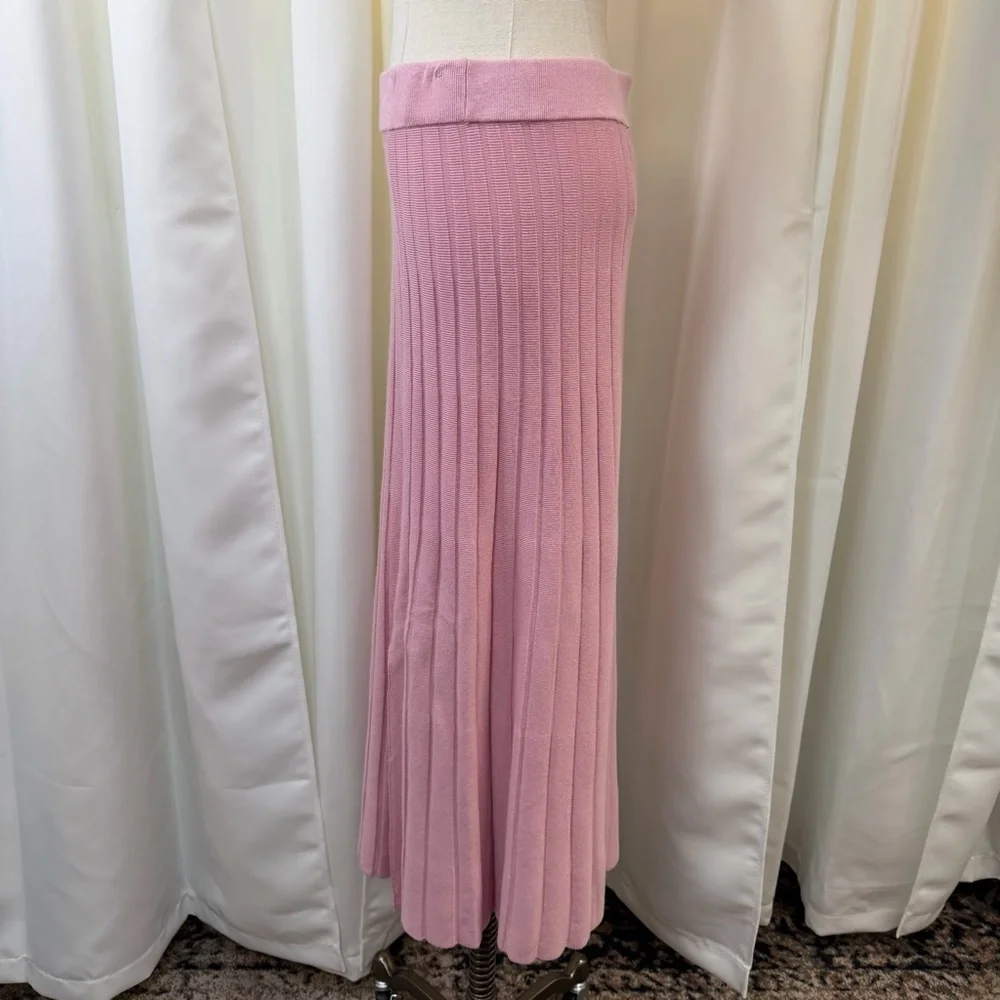 NWT Saks Fifth Avenue Pink Stretch Knit Wide Ribbed Midi Skirt w/ Slit Size S